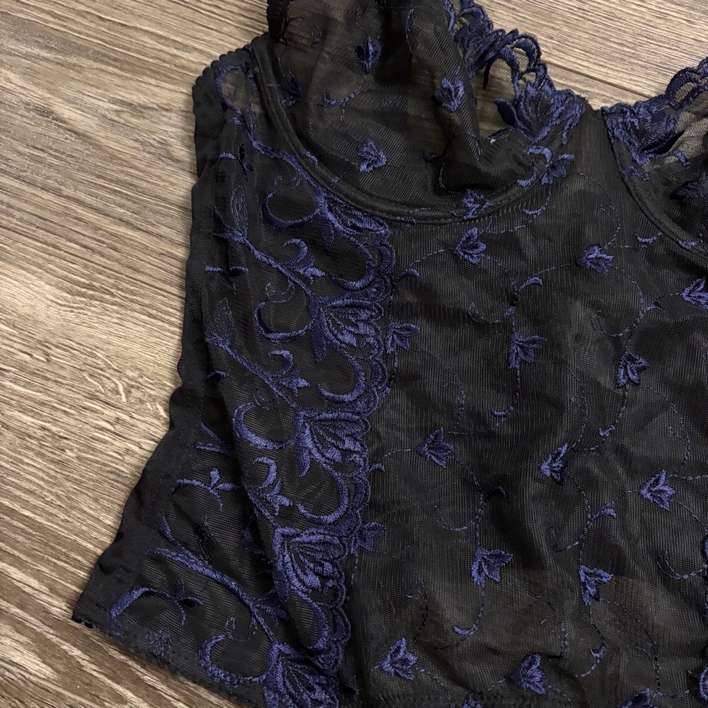 90s European Vintage TCM Embroidered Lace Boned Corset Top (Black/Blue) Size M/L - Picture 3 of 9
